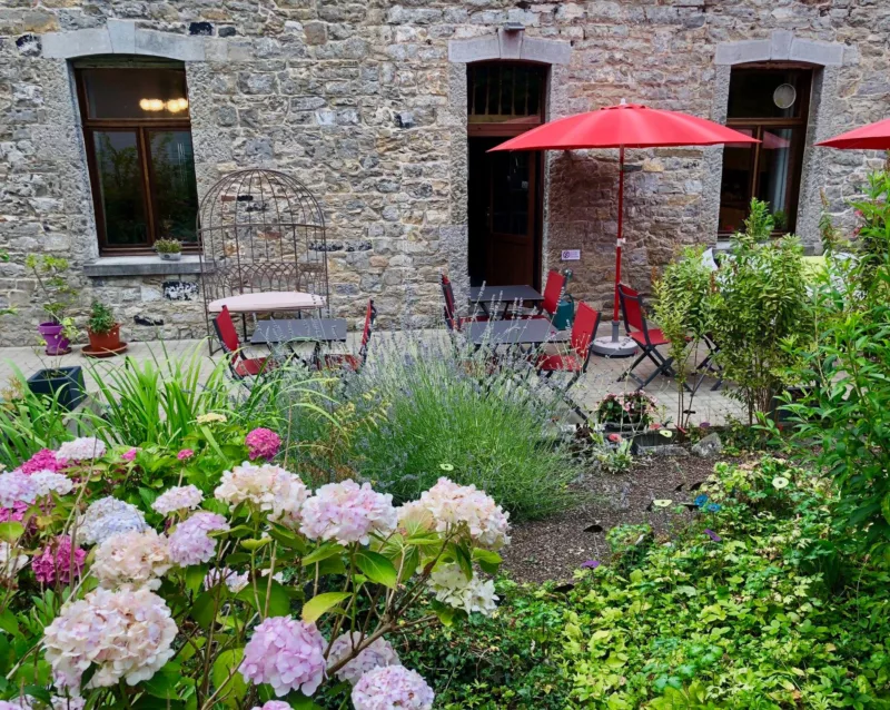 Vue du jardin fleuris sur la terrasse
