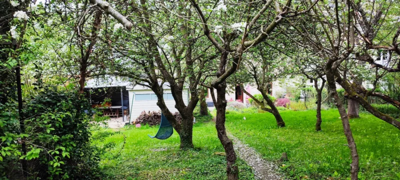 Notre grand jardin vue du fond accessible à tous les hôtes